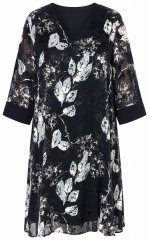 Ulla Popken 852959 Rochie cu flori și mânecă 3/4 Neagră