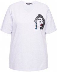 Ulla Popken Embroidered Face Motif Short Sleeve V-Neck Tee Light Grey Melange