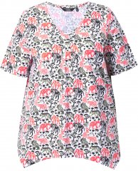 Ulla Popken Half-sleeve A-line V-neck Pointed Hem Animal Pattern T-shirt Snow White