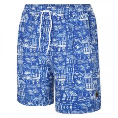 Espionage SW097 Pantaloni Scurți de Baie cu Imprimeu Hawaian Albastru Regal/Alb