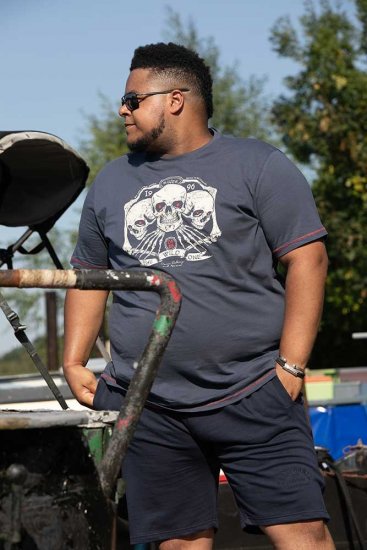 D555 COOK Trio Of Skulls Printed Crew Neck T-Shirt Slate Blue - Tricouri - Tricouri Bărbați Mărimi Mari