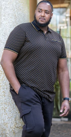 D555 RAUL AOP Jersey Polo With Jacquard Collar, Ribs And Chest Pocket Black - Tricouri polo - Tricouri Polo Bărbați Mărimi Mari