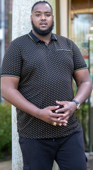 D555 RAUL AOP Jersey Polo With Jacquard Collar, Ribs And Chest Pocket Black - Tricouri polo - Tricouri Polo Bărbați Mărimi Mari