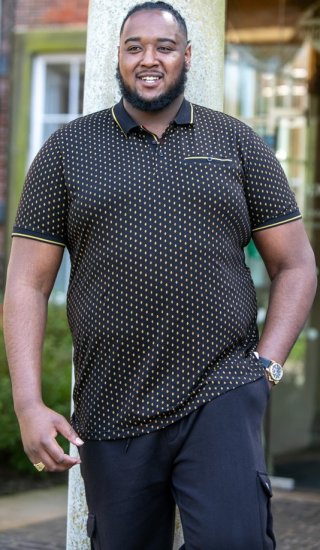 D555 RAUL AOP Jersey Polo With Jacquard Collar, Ribs And Chest Pocket Black - Tricouri polo - Tricouri Polo Bărbați Mărimi Mari