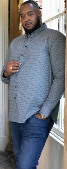 D555 MANGALA Geometric AOP Long Sleeve Shirt With Concealed Button Down Collar Navy - Cămăși - Cămăși Bărbați Mărimi Mari