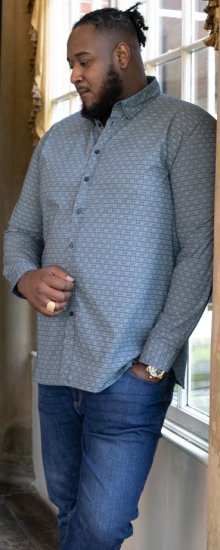 D555 MANGALA Geometric AOP Long Sleeve Shirt With Concealed Button Down Collar Navy - Cămăși - Cămăși Bărbați Mărimi Mari