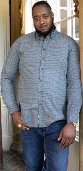 D555 MANGALA Geometric AOP Long Sleeve Shirt With Concealed Button Down Collar Navy - Cămăși - Cămăși Bărbați Mărimi Mari