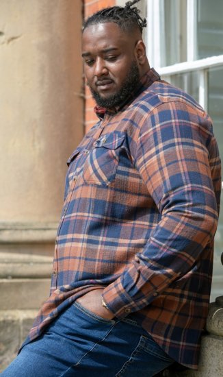 D555 SHERLOCK Check Overshirt With Two Patch Pockets & Button Down Collar Navy - Cămăși - Cămăși Bărbați Mărimi Mari