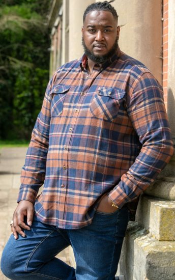 D555 SHERLOCK Check Overshirt With Two Patch Pockets & Button Down Collar Navy - Cămăși - Cămăși Bărbați Mărimi Mari