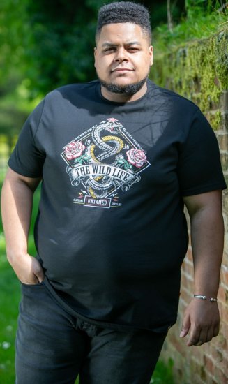 D555 MALCOM Snake And Roses Printed Crew Neck T-Shirt Black - Tricouri - Tricouri Bărbați Mărimi Mari