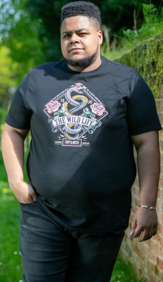 D555 MALCOM Snake And Roses Printed Crew Neck T-Shirt Black - Tricouri - Tricouri Bărbați Mărimi Mari