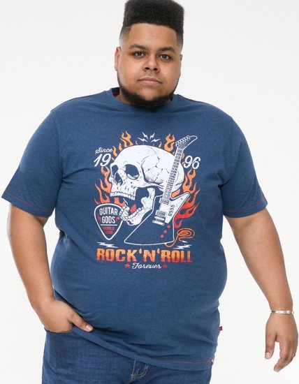 D555 NEAL Skull With Flames Printed Crew Neck T-Shirt Navy/Blue Twist - Tricouri - Tricouri Bărbați Mărimi Mari