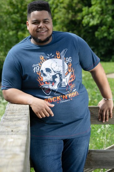 D555 NEAL Skull With Flames Printed Crew Neck T-Shirt Navy/Blue Twist - Tricouri - Tricouri Bărbați Mărimi Mari