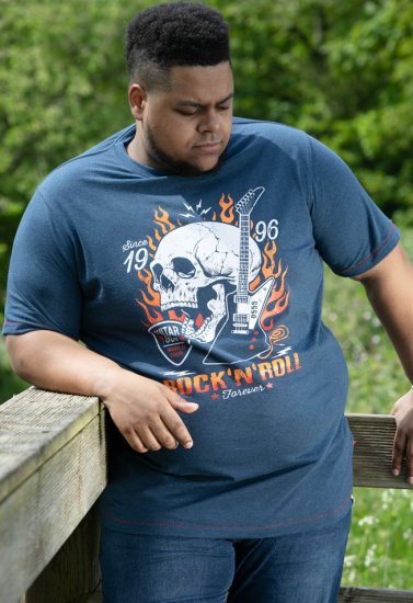 D555 NEAL Skull With Flames Printed Crew Neck T-Shirt Navy/Blue Twist - Tricouri - Tricouri Bărbați Mărimi Mari