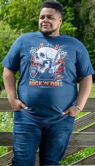 D555 NEAL Skull With Flames Printed Crew Neck T-Shirt Navy/Blue Twist - Tricouri - Tricouri Bărbați Mărimi Mari