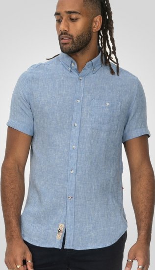 D555 Falmouth 1 Linen Mix Short Sleeve Shirt With Button Down Blue - Cămăși - Cămăși Bărbați Mărimi Mari