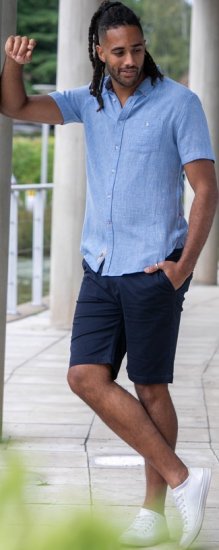 D555 Falmouth 1 Linen Mix Short Sleeve Shirt With Button Down Blue - Cămăși - Cămăși Bărbați Mărimi Mari