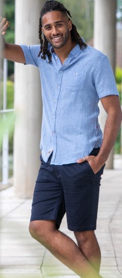 D555 Falmouth 1 Linen Mix Short Sleeve Shirt With Button Down Blue - Cămăși - Cămăși Bărbați Mărimi Mari