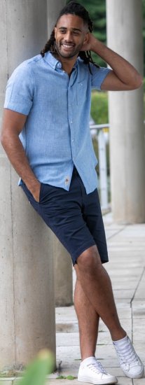 D555 Falmouth 1 Linen Mix Short Sleeve Shirt With Button Down Blue - Cămăși - Cămăși Bărbați Mărimi Mari