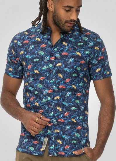 D555 Hartlepool Short Sleeve Vintage Car AOP Stretch Shirt Blue - Cămăși - Cămăși Bărbați Mărimi Mari
