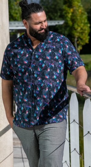 D555 Farnborough Short Sleeve Guitar AOP Shirt With Hidden Button Down Black - Cămăși - Cămăși Bărbați Mărimi Mari