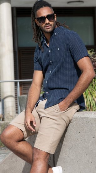 D555 Pontefract Jacquard Linen Mix Short Sleeve Shirt With Button Down Navy - Cămăși - Cămăși Bărbați Mărimi Mari