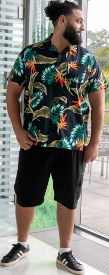 D555 Selby Hawaiian AOP Short Sleeve Revere Collar Shirt Black - Cămăși - Cămăși Bărbați Mărimi Mari