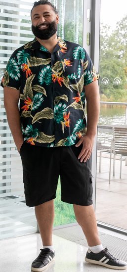 D555 Selby Hawaiian AOP Short Sleeve Revere Collar Shirt Black - Cămăși - Cămăși Bărbați Mărimi Mari
