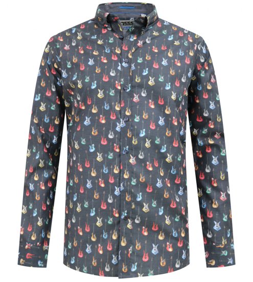 D555 Wakefield Long Sleeve AOP Guitar Printed Shirt Grey - Cămăși - Cămăși Bărbați Mărimi Mari