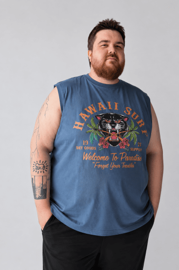 Kam Jeans 5763 Hawaii Surf Vest Vintage Indigo - Tricouri - Tricouri Bărbați Mărimi Mari