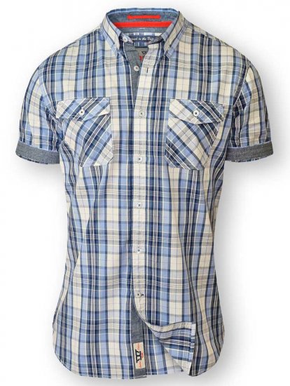 D555 FIDEL Twin Pocket Short Sleeve Blue & Ecru Check Shirt - Cămăși - Cămăși Bărbați Mărimi Mari