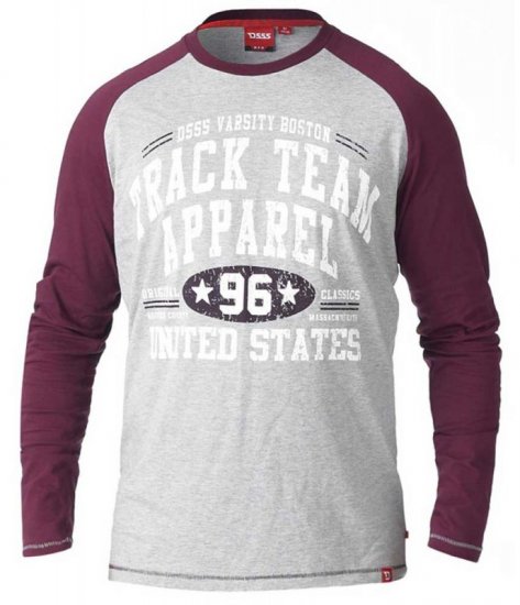 D555 KELTON Long Sleeve Raglan T-Shirt Grey/Burgundy - Tricouri - Tricouri Bărbați Mărimi Mari