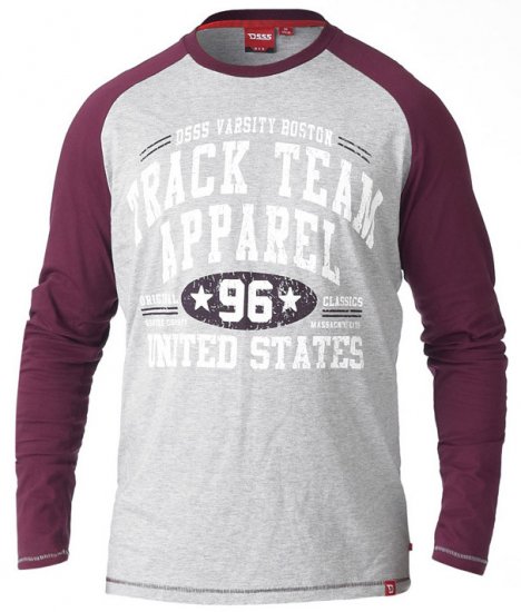 D555 KELTON Long Sleeve Raglan T-Shirt Grey/Burgundy - Tricouri - Tricouri Bărbați Mărimi Mari
