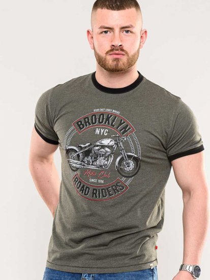 D555 Hereford Brooklyn Motorbike Printed Ringer T-Shirt Khaki - Tricouri - Tricouri Bărbați Mărimi Mari
