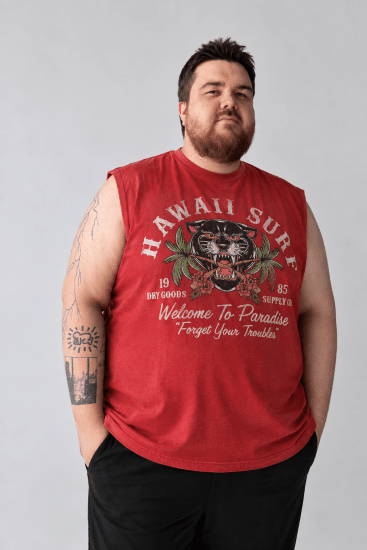 Kam Jeans 5763 Hawaii Surf Vest Sleeveless T-Shirt Washed Red - Tricouri - Tricouri Bărbați Mărimi Mari
