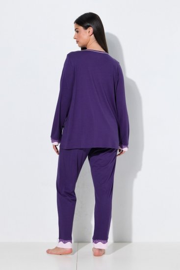 Ulla Popken 812441 Pijama cu mânecă lungă și dantelă Albastru regal - Pijamale/Haine de casă - 