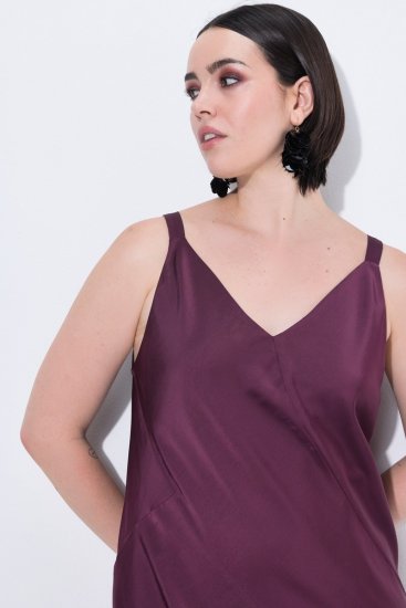 Ulla Popken 820341 Rochie din satin fără mâneci cu decolteu în V Roșu vin - Rochii de seară - Rochii de seară marimi mari