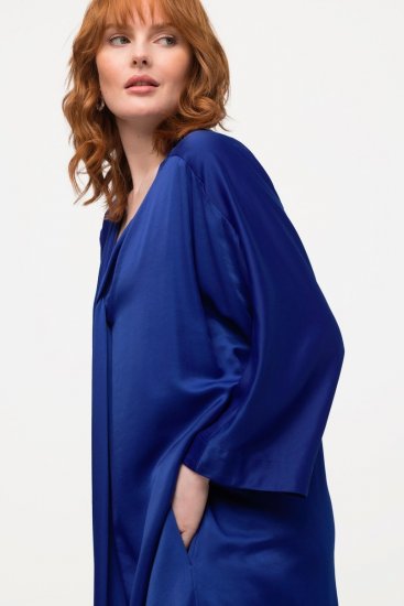 Ulla Popken 821110 Rochie din satin cu mânecă scurtă și decolteu în V Bleumarin - Rochii de seară - Rochii de seară marimi mari