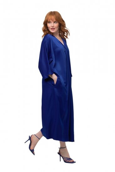 Ulla Popken 821110 Rochie din satin cu mânecă scurtă și decolteu în V Bleumarin - Rochii de seară - Rochii de seară marimi mari