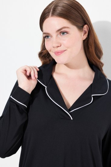 Ulla Popken 823030 Pijama cu guler de cămașă Neagră - Pijamale/Haine de casă - 