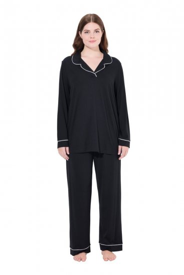 Ulla Popken 823030 Pijama cu guler de cămașă Neagră - Pijamale/Haine de casă - 