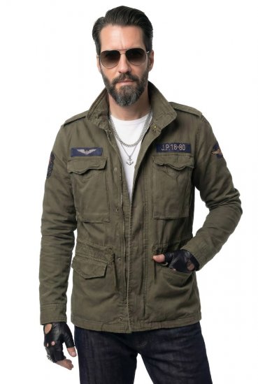 JP1880 Field Jacket with Badges Vintage Look TALL Moss Green - TALL geci - Jachete TALL pentru bărbați înalți