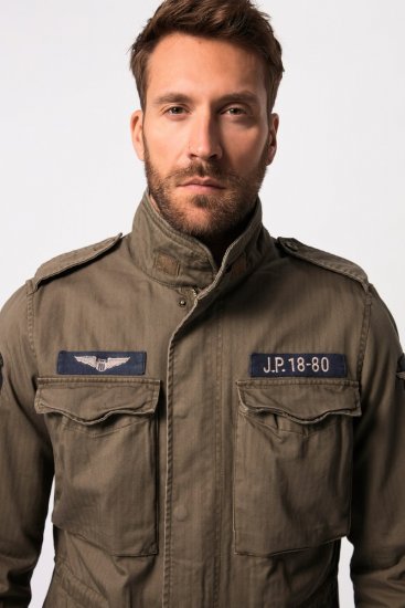 JP1880 Field Jacket with Badges Vintage Look TALL Moss Green - TALL geci - Jachete TALL pentru bărbați înalți