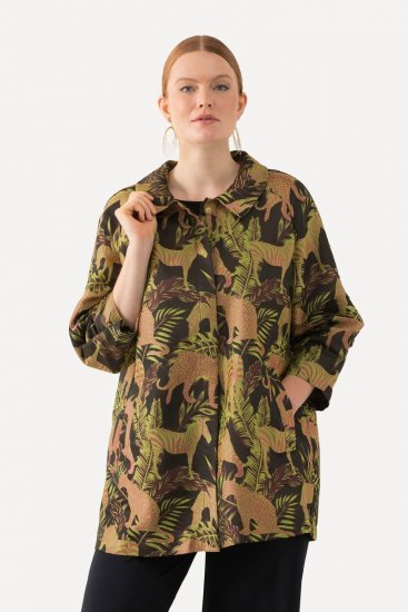 Ulla Popken 827217 Bluză tip cămașă cu mânecă scurtă și imprimeu savană Neagră - Cămăși - Bluze tip cămașă plus size
