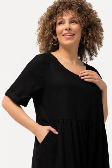 Ulla Popken 829837 Rochie din amestec de in cu mânecă scurtă Neagră - Rochii de vară - Rochii de vară marimi mari