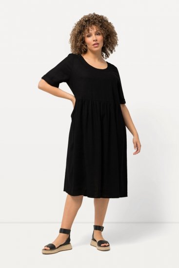 Ulla Popken 829837 Rochie din amestec de in cu mânecă scurtă Neagră - Rochii de vară - Rochii de vară marimi mari