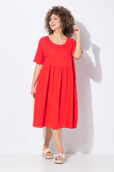 Ulla Popken 829837 Rochie din amestec de in cu mânecă scurtă Roșu - Rochii de vară - Rochii de vară marimi mari