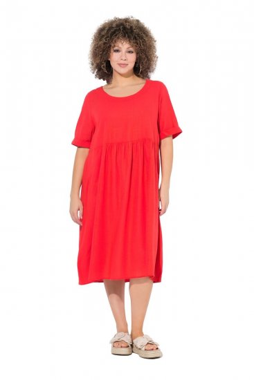 Ulla Popken 829837 Rochie din amestec de in cu mânecă scurtă Roșu - Rochii de vară - Rochii de vară marimi mari