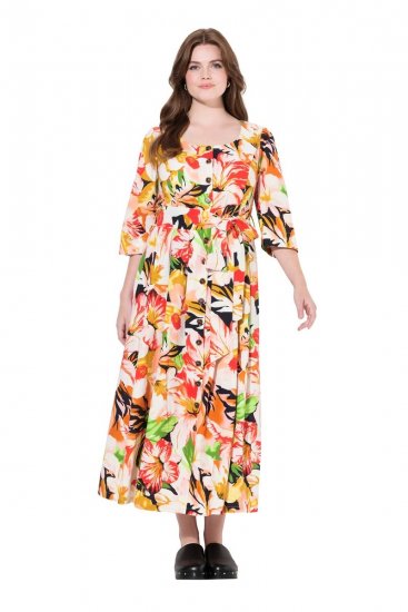 Ulla Popken 832512 Rochie din amestec de in cu flori și mânecă 3/4 Roșu - Rochii maxi - Rochii maxi marimi mari