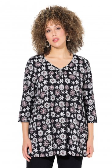 Ulla Popken Snowflake Print 3/4 Sleeve A-Line Tee Black - Tricouri imprimate pentru femei - 